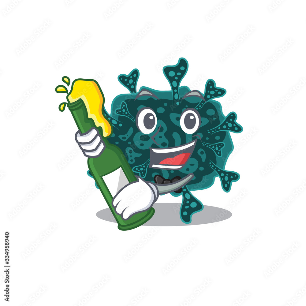 Mascot character design of herdecovirus say cheers with bottle of beer Mascot character design of herdecovirus say cheers with bottle of beer