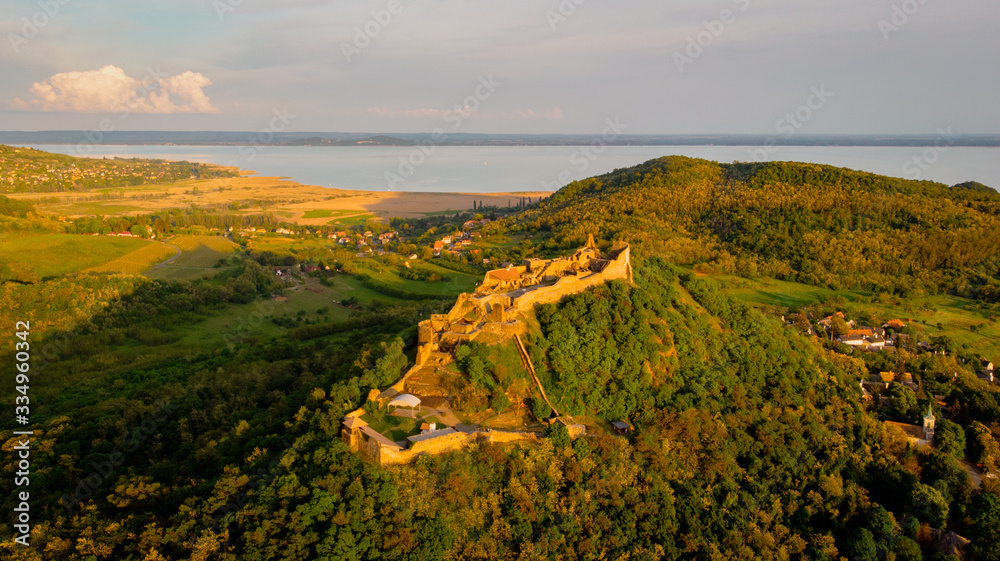 Sunset over the castle ruins at Szigliget, Hungary