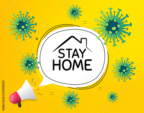 Stay home megaphone bubble. Coronavirus COVID-19 background. Corona virus outbreak. 2019-ncov pandemic. Stop coronavirus disease. Stay at home from corona virus. Quarantine, self-isolation. Vector