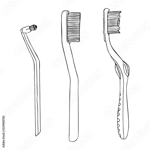 Set toothbrush for daily hygiene of oral cavity. Personal products for brushing teeth in bathroom home. Vector isolated template flat doodle realistic drawing with black outline white background icon.