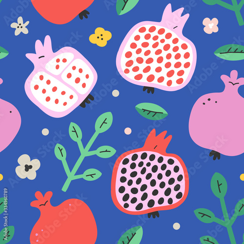 Pomegranate fruit seamless pattern, halves with leaves and seeds, hand drawn doodle art, vector illustration, ornament background for summer