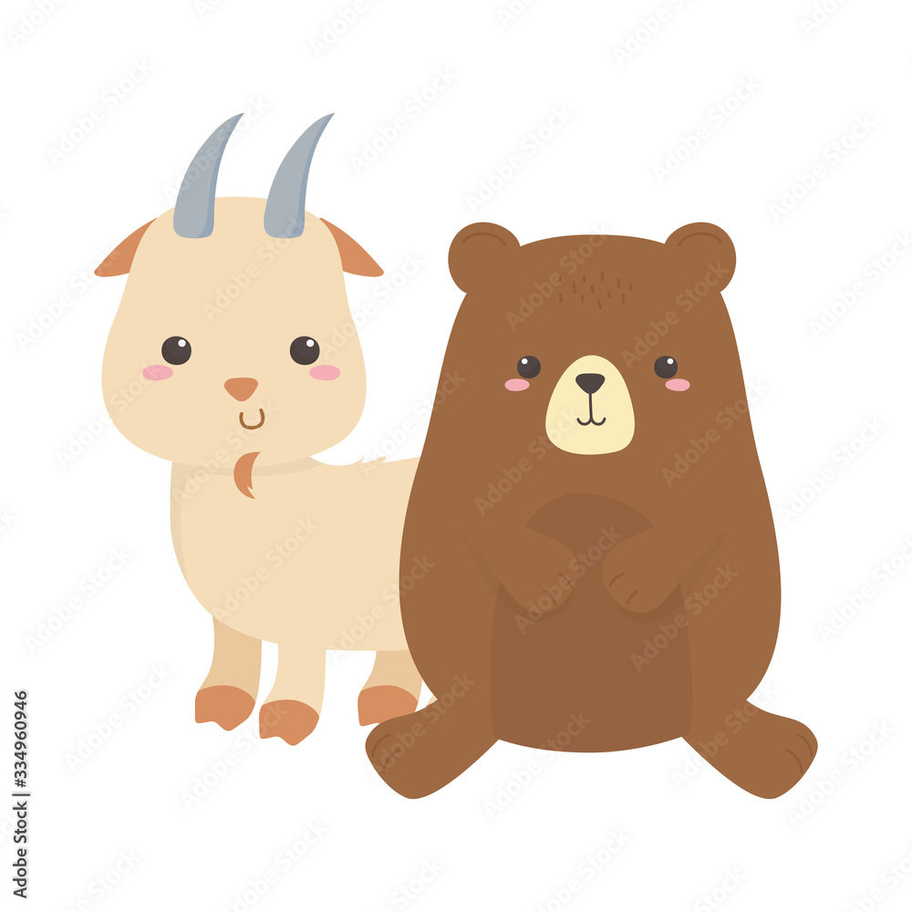 cute little bear and goat cartoon animal isolated design
