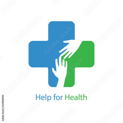 Help for health icon logo vector graphic design. Helping hands inside medical cross sign.