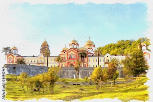 Abkhazia. New Athos Simon the Zealot Monastery. Imitation of a picture. Oil paint. Illustration photo