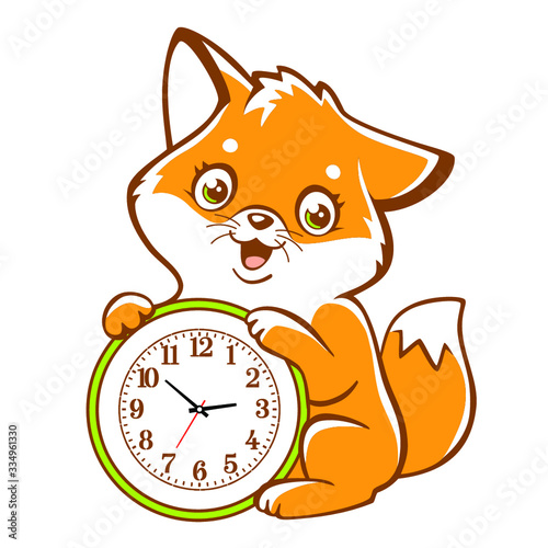 Watch in the form of an animal. A cute Fox cub holds a round dial, isolated vector color illustration. Decor for the children's room.