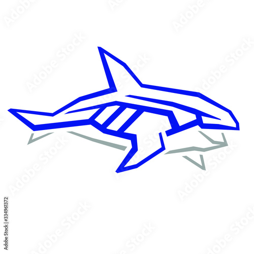 Killer whale logo, graphic stylized sign, isolated vector. Blue symbol of aggressive marine animal, schematic image, clear angular lines.