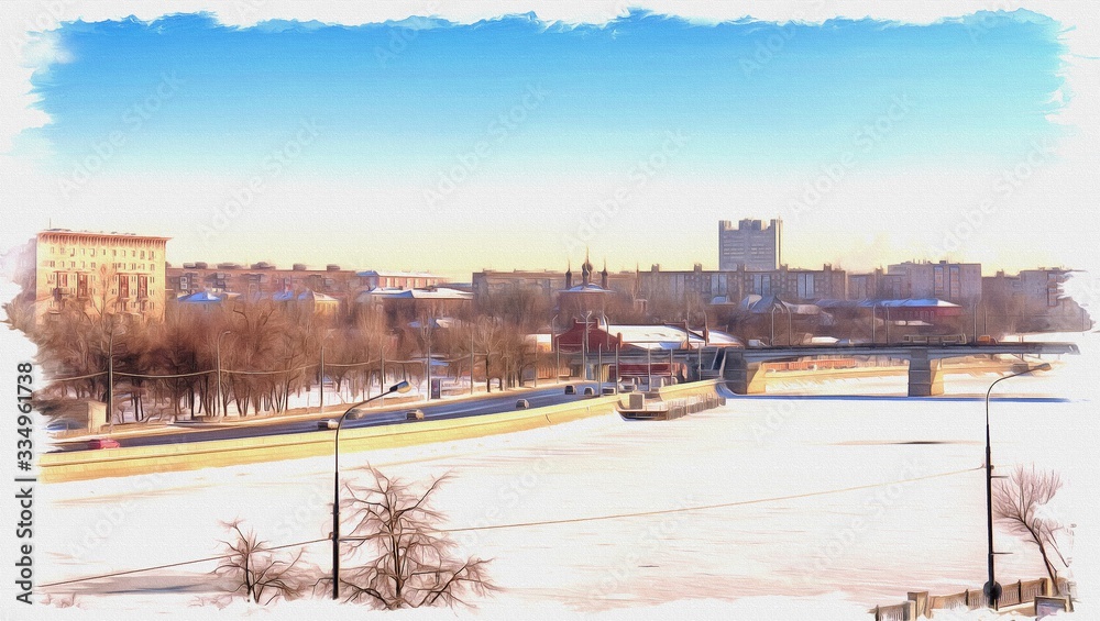 Frozen river Moskva. Imitation of a picture. Oil paint. Illustration