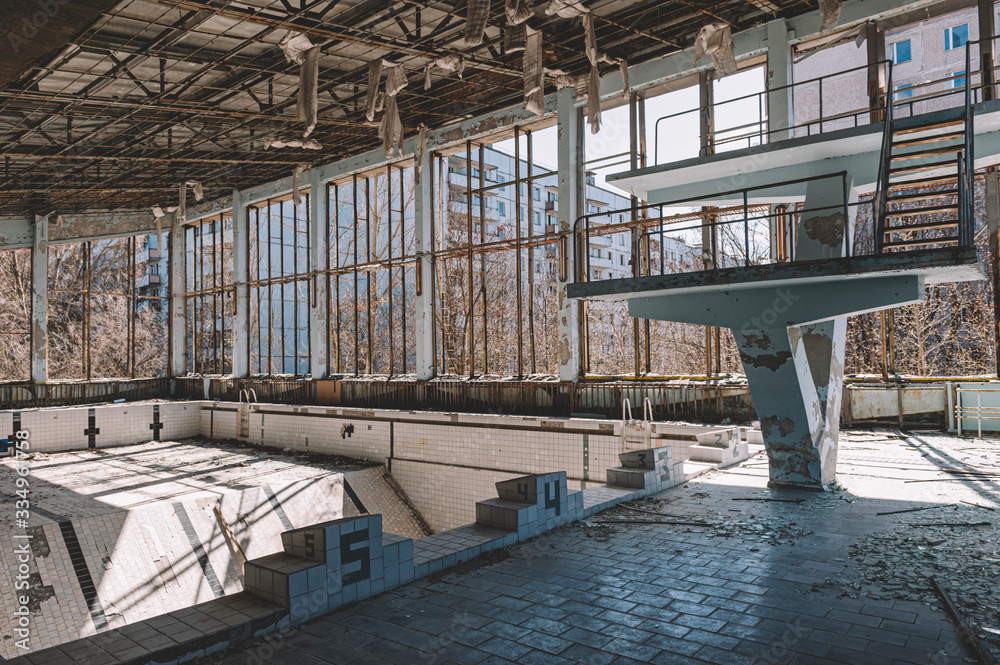 Swimming pool at school in the exclusion zone. Chernobyl Pripyat. Ukraine.