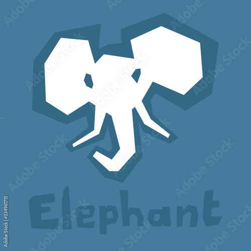 Elephant icon, paper cut. Brutal modern style. Abstract silhouette on a blue background with text. Interactive card for learning English alphabet. White icon, thick outline. Stencil cut lines, DIY