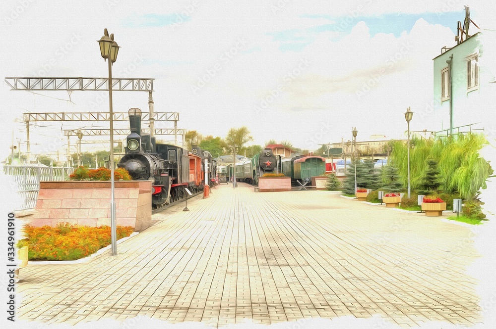Moscow city. Old steam locomotives. Oil paint. Illustration