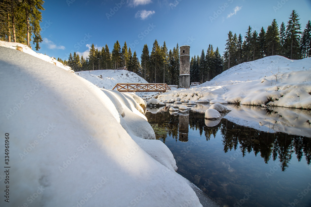Winter landscape of Jizera Mountains around The Ruptured dam on Black Desna river