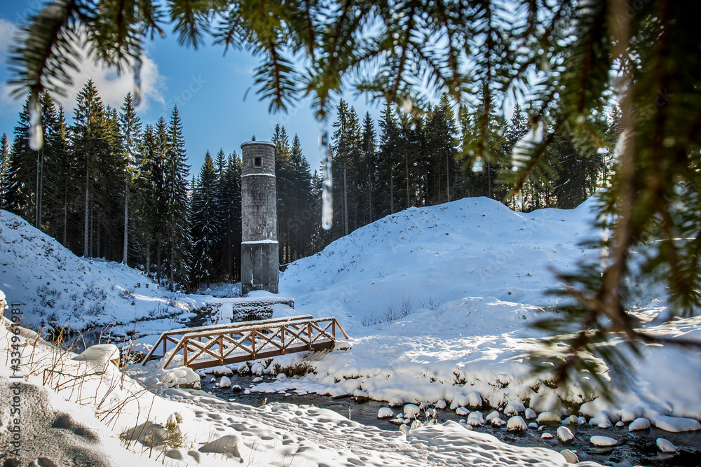 Winter landscape of Jizera Mountains around The Ruptured dam on Black Desna river