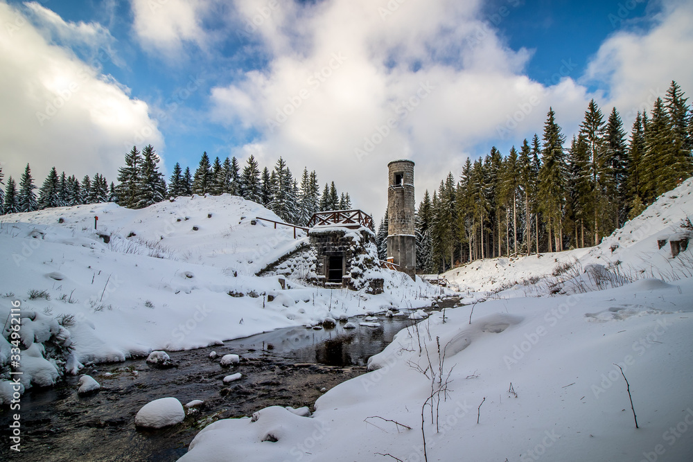 Winter landscape of Jizera Mountains around The Ruptured dam on Black Desna river