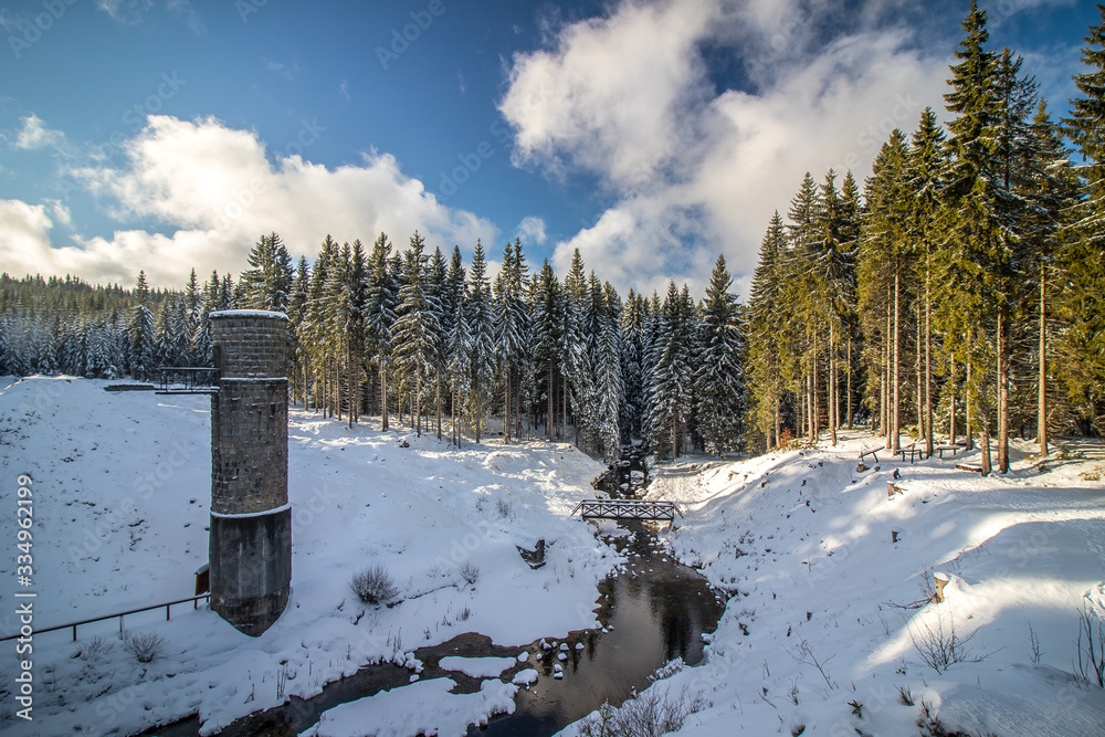 Winter landscape of Jizera Mountains around The Ruptured dam on Black Desna river
