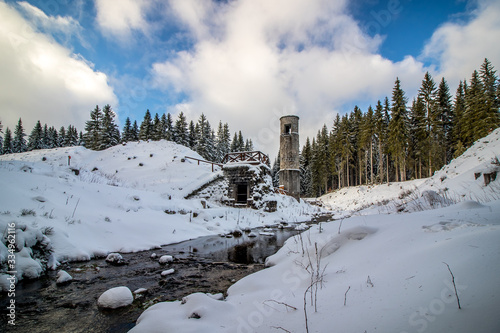 Obraz na płótnie Winter landscape of Jizera Mountains around The Ruptured dam on Black Desna river w salonie