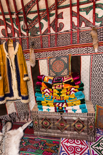 kazakh traditional yurt nomadic house interiour made of natural materials with bright elements