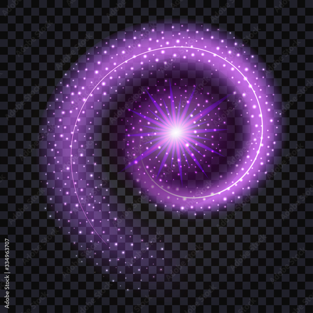 Purple glowing swirl with light shine effect, shimmering star and sparkles. Design element on transparent background. Vector illustration