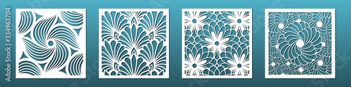 Laser cut template set, abstract geometric pattern. Panel decor for room interior design. Wood, glass, metal cutting. Vector illustration