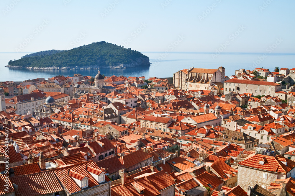 Old City of Dubrovnik on the backgrounds of sea with island, Croatia.