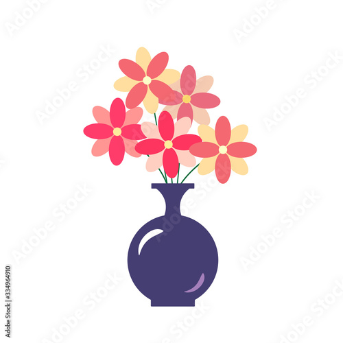 Bouquet of colorful flowers in purple vase on white isolated background. Single flat object. Part of interior.