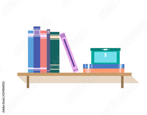Shelf with different colorful book and casket on white isolated background. Flat study illustration.
