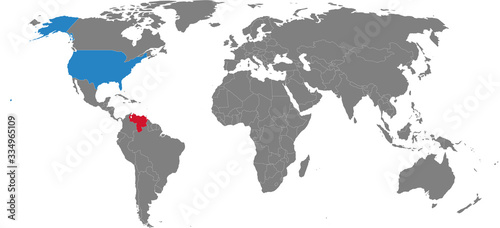 Venezuela  USA countries highlighted on world map. Gray background. Business concepts  trade  transportation  economic.