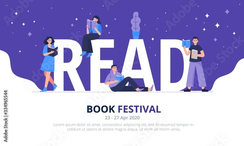 Book festival concept. Young men and women dressed in stylish clothes read paper books. Colorful flat vector illustration for literary or festival writers, event promoters.