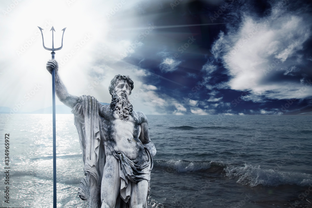 Naklejka premium The mighty god of the sea and oceans Neptune (Poseidon). The ancient stone statue against dramatic sea landscape.