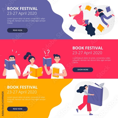 Social media banners of the book festival. Girl hold giant book, a group of teenagers read, a couple flying in book space. Colorful vector illustration for literary or festival, event promoters.