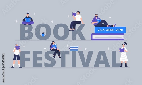 Book festival word concept. Young men and women dressed in stylish clothes, sitting on giant words and read books. Colorful vector illustration for literary or festival writers, event promoters.