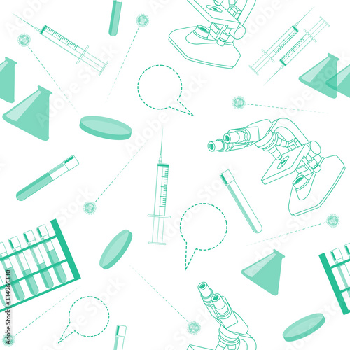Medical laboratory equipment and coronavirus covid-19. Seamless ornament, pattern, background and template. Vector square