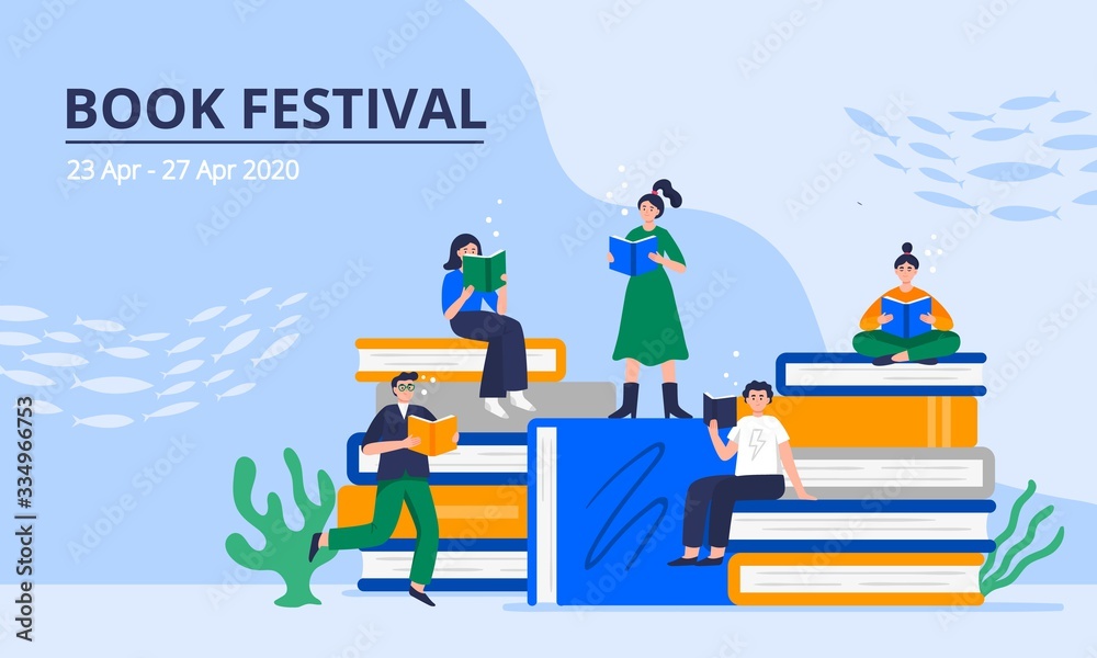 Book festival concept. Young men and women sitting on a stack of giant books and reading underwater. Colorful vector illustration for literary or festival writers, event promoters. Book festival concept. Young men and women sitting on a stack of giant books and reading underwater. Colorful vector illustration for literary or festival writers, event promoters.