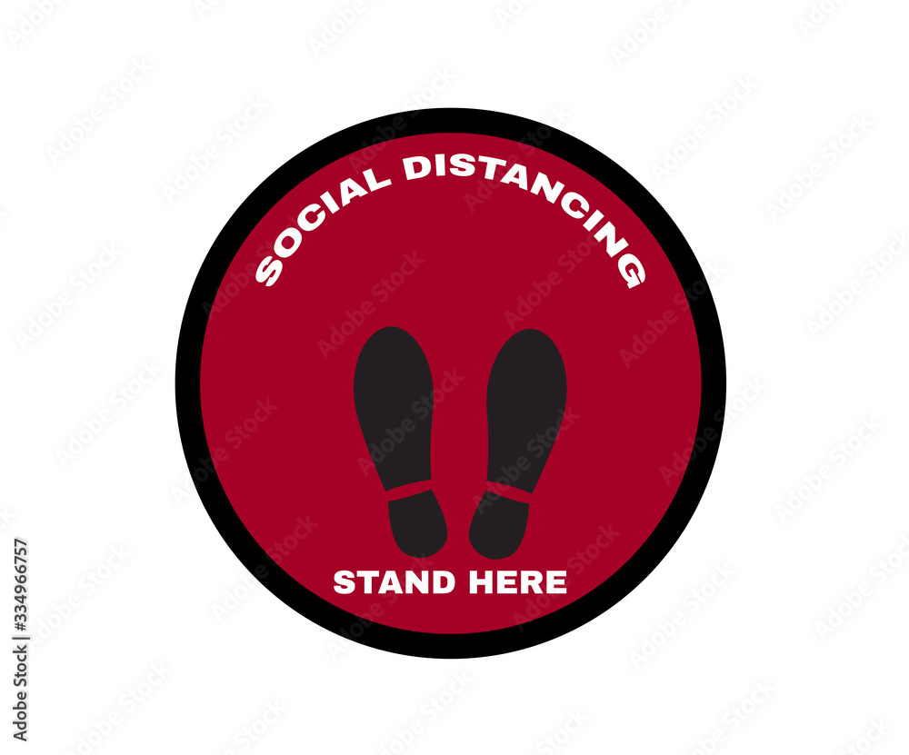 Accident Prevention signs, Caution message SOCIAL DISTANCING - STAND HERE with Pedestrian Footprint Stencil sign in frame, Stop COVID-19 or Cororavirus outbreak, vector illustration. Accident Prevention signs, Caution message SOCIAL DISTANCING - STAND HERE with Pedestrian Footprint Stencil sign in frame, Stop COVID-19 or Cororavirus outbreak, vector illustration.