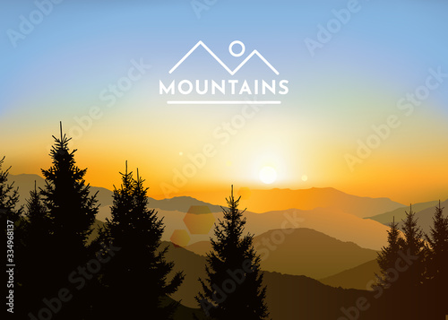 Nature background of mountains panorama. Colorful sunset in wild valley. Windy sky. Brown tones.