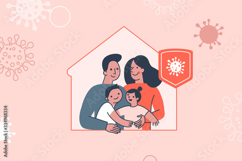 Vector illustration in flat simple style with character - novel coronavirus concept, self quarantine and social isolation for family