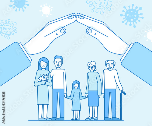 Vector illustration in flat simple style with characters - novel coronavirus concept, self quarantine and social isolation for family with kids and elderly people  - covid-19 