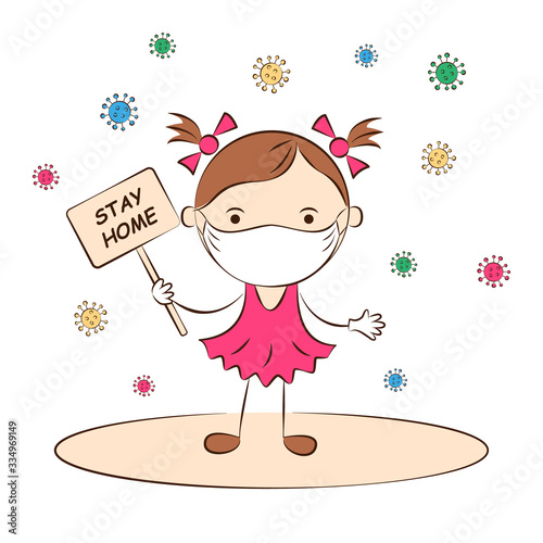 Child in protective medical masks to prevent infection. Cute cartoon girl with poster 'stay home' . Healthcare, quarantine, hygiene, virus protection. Vector illustration