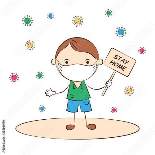 Child in protective medical masks to prevent infection. Cute cartoon boy with poster 'stay home' . Healthcare, quarantine, hygiene, virus protection. Vector illustration