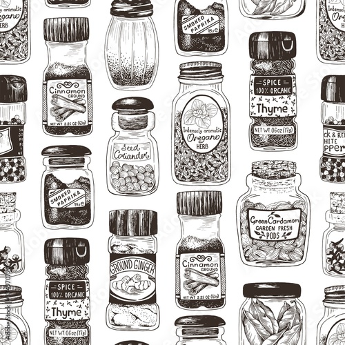 Spices in jars hand drawn seamless pattern with thyme, paprika, cinnamon, ginger, coriander, cardamom, pepper, oregano and clove. Vector illustration in vintage style with different ingredients.