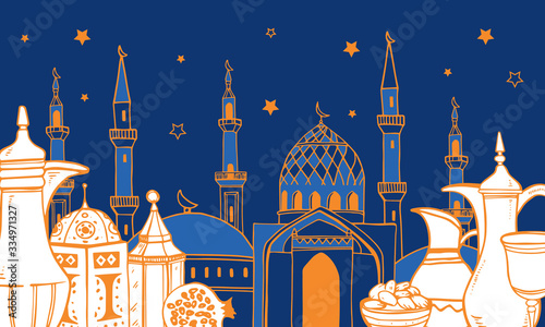 Old Arabic town with mosques and minarets. Traditional Iftar objects on the foreground