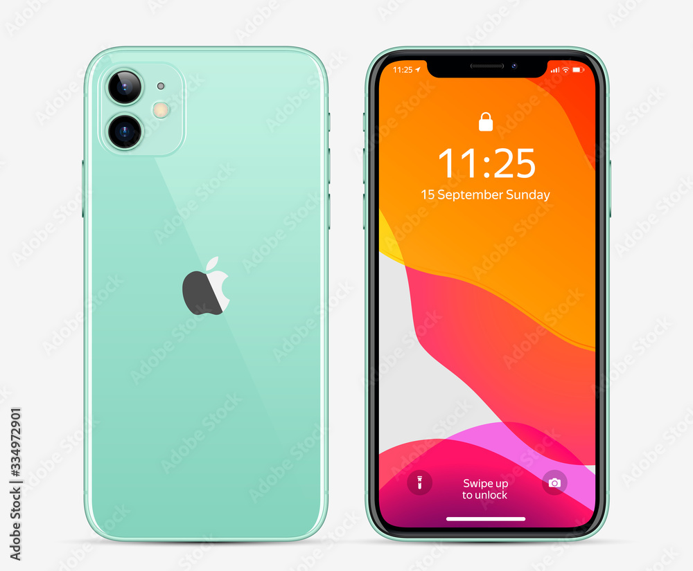 New Iphone 11 Green Color By Apple Inc Mock Up Screen Phone And Back Side Vector Illustration Eps10 Stock Vector Adobe Stock