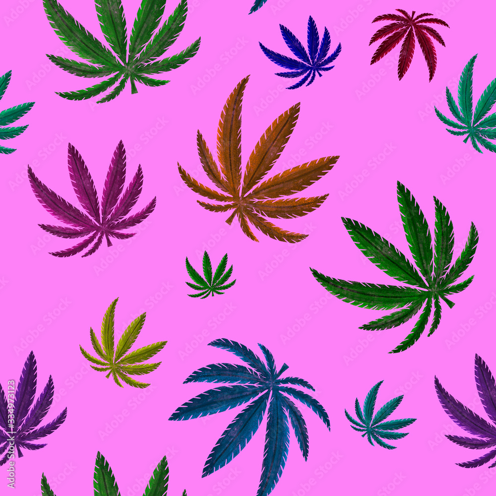 marijuana cannabis leaves on pink background. Seamless pattern. Medical plant. Print, packaging, wallpaper, textile design