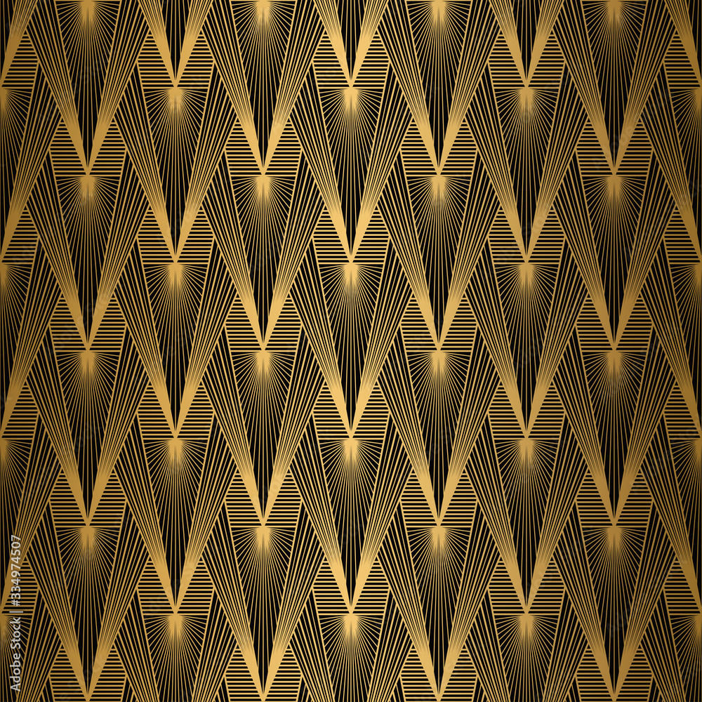Foto auf Acrylglas mit Art-Deco-Muster. Nahtloser Gold- und schwarzer Hintergrund. Geometrisches Design #334974507