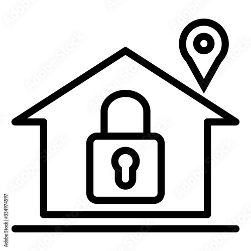 Vector is home outline icon with lock key and pin location on white background.