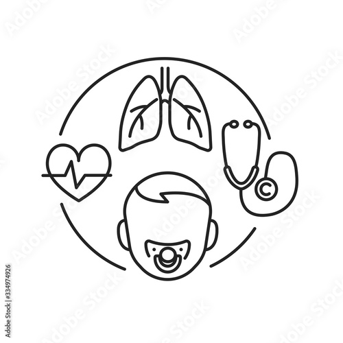 Pediatric pulmonology black line icon. Check and treatment respiratory system in children. Pictogram for web page, mobile app, promo. UI UX GUI design element