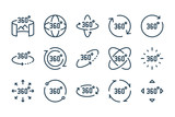 360 degree and panoramic rotation line icon set. Virtual reality vector outline icons.