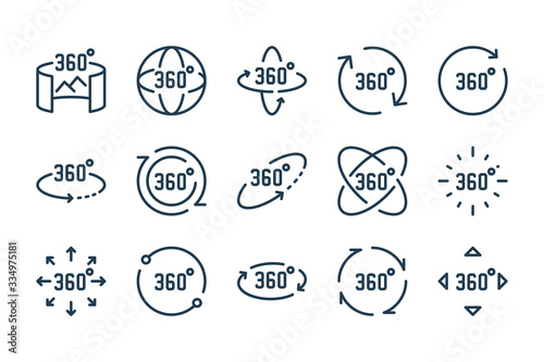 360 degree and panoramic rotation line icon set. Virtual reality vector outline icons. photo