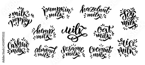 Vegetarian, oat, coconut, almond, organic milk lettering quotes for banner, logo and packaging design.