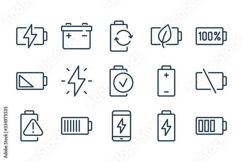 Battery and Accumulator line icons. Charge level and Battery Parameters vector icon set.