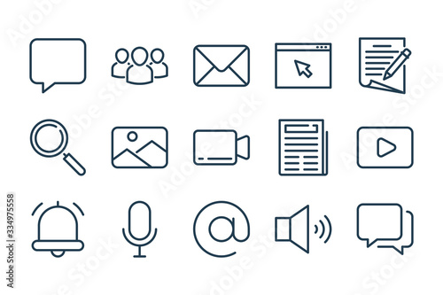 Media, Blog, Communication and Website navigation related line icon set. Media entertainment linear vector icons.